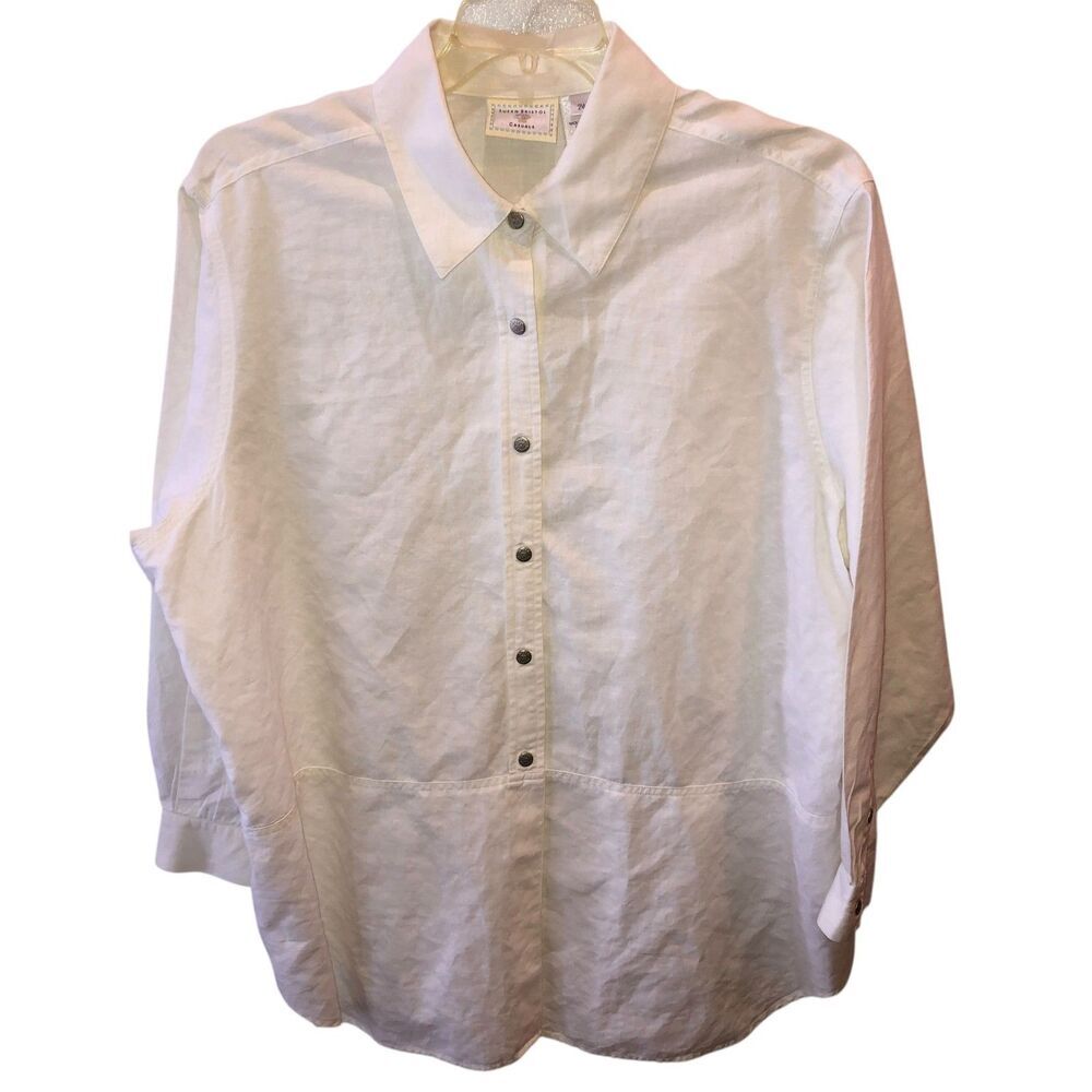 Susan Bristol Size 2X White Linen Blend Long Sleeve Snap Front Shirt Top 2W VTG